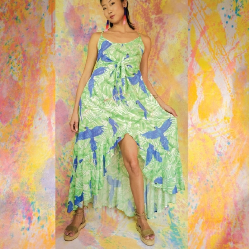 Farm Brasil Tropical Print High Low Dress with Tie Waist Size M